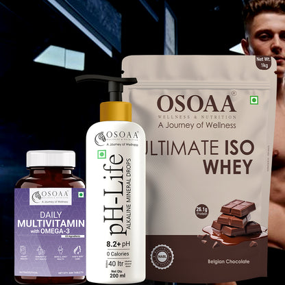 OSOAA Ultimate ISO Whey 1kg - 26g Pure Protein with Daily Multivitamin with Omega (60 Veg Tablets) & pH Life Alkaline Drops 200ml( Total Wellness Bundle)