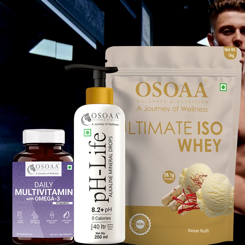 OSOAA Ultimate ISO Whey 1kg - 26g Pure Protein with Daily Multivitamin with Omega (60 Veg Tablets) & pH Life Alkaline Drops 200ml( Total Wellness Bundle)