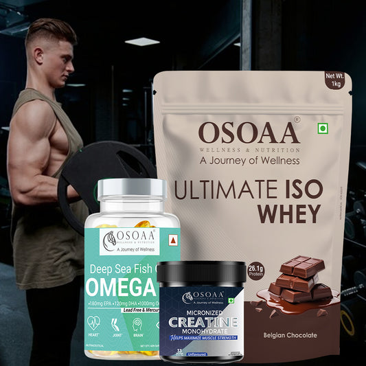 OSOAA Ultimate ISO Whey 1kg - 26g Pure Protein with Creatine Monohydrate 100gm & Deep Sea Fish Oil 1000mg (60 Softgel Capsules) ( Workout Elite Pack)