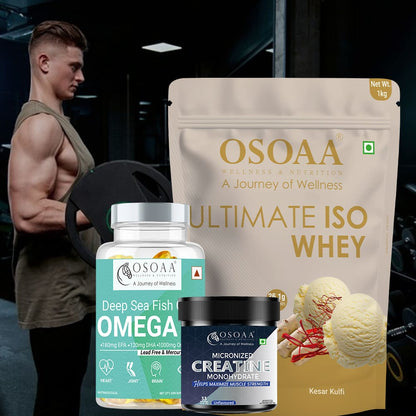 OSOAA Ultimate ISO Whey 1kg - 26g Pure Protein with Creatine Monohydrate 100gm & Deep Sea Fish Oil 1000mg (60 Softgel Capsules) ( Workout Elite Pack)