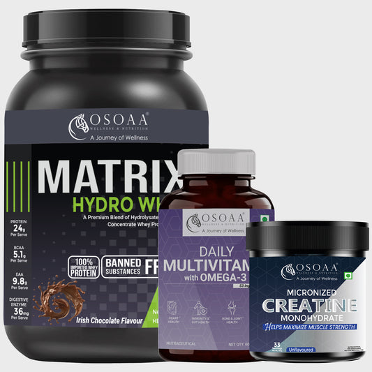 OSOAA Whey Matrix Hydro Whey 1Kg - Irish Chocolate || Daily Multivitamin with 200mg Omega 3 60 Tabs || Creatine Monohydrate Unflavoured 100 gm