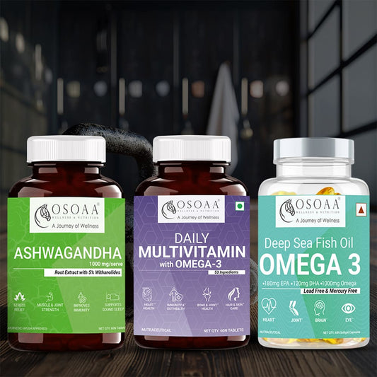 OSOAA Single Strength Omega 3 Fishoil With 180mg EPA & 120mg DHA || Ashwagandha with 5% Withanolides 1000mg || Daily Multivitamin with 200mg Omega 3