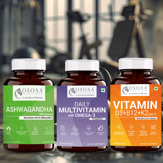 OSOAA Vitamin D3 K2 (MK7) B12 || Ashwagandha with 5% Withanolides 1000mg || Daily Multivitamin with 200mg Omega 3