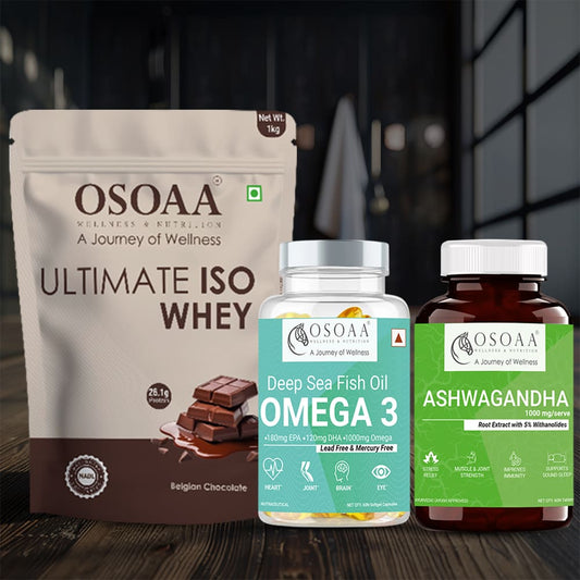 OSOAA Ultimate ISO Whey 1kg - 26g Pure Protein with Root Extract 1000mg Ashwagandha 60 veg Tablet & Deep Sea Omega 3 Fish Oil 1000mg (60 Softgel Capsules) ( Immunity Booster Pack)