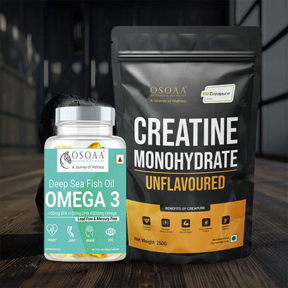 Osoaa German Certified Creatine Monohydrate (CREAPURE) 250g (Unflavored) || 1000mg Omega 3 Deep Fish Oil - 60 Capsules