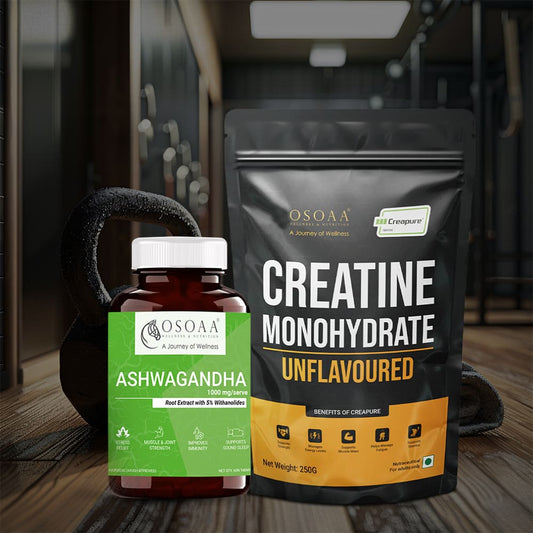 Osoaa German Certified Creatine Monohydrate (CREAPURE) 250g || 1000mg Root Extract Ashwagandha ( Like KSM-66) - 60 Tablets