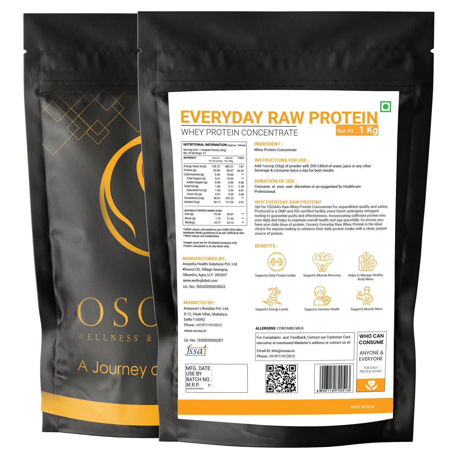 OSOAA Everyday Raw Whey Concentrate - 24g Protein (Unflavoured)