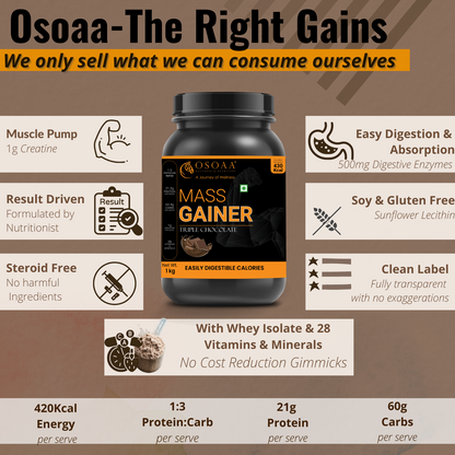 OSOAA 1:3 Lean Mass Gainer with Creatine & Whey Protein - 420 Calories